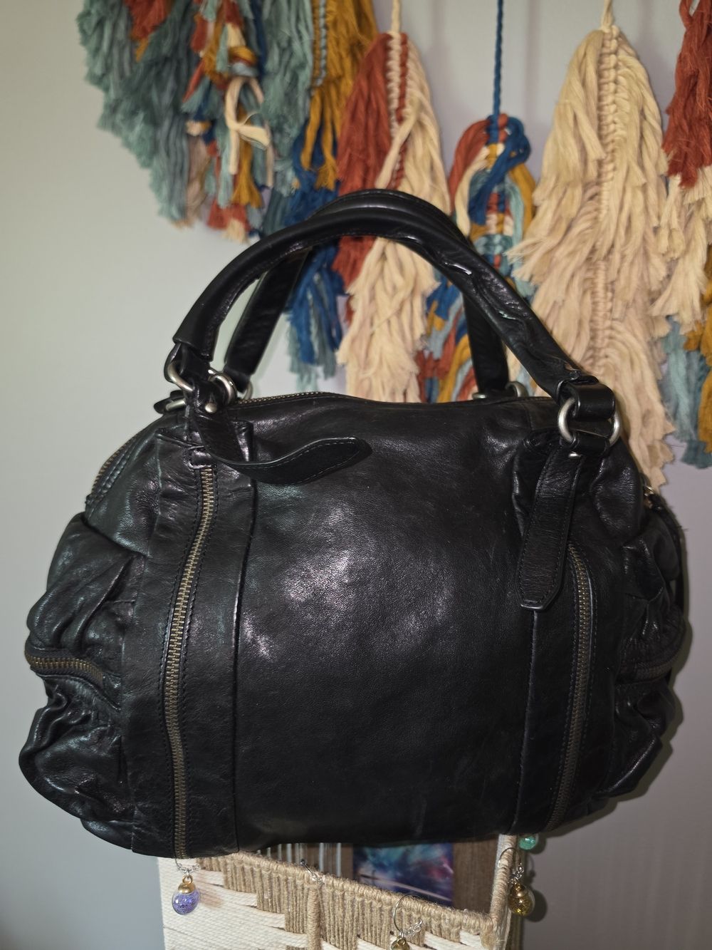 BOTKIER Black Leather Satchel with Top Handles